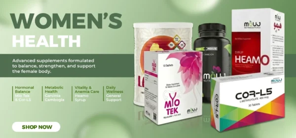 Women's health supplement promotional banner featuring an array of wellness products