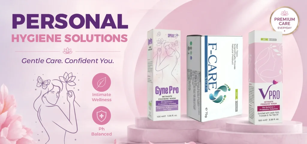 Personal hygiene products promotional banner featuring Gyne Pro, F-CARE